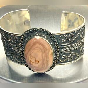 Handmade Silver-Plated Etruscan-Style Cuff Bracelet w/Porcelain Jasper